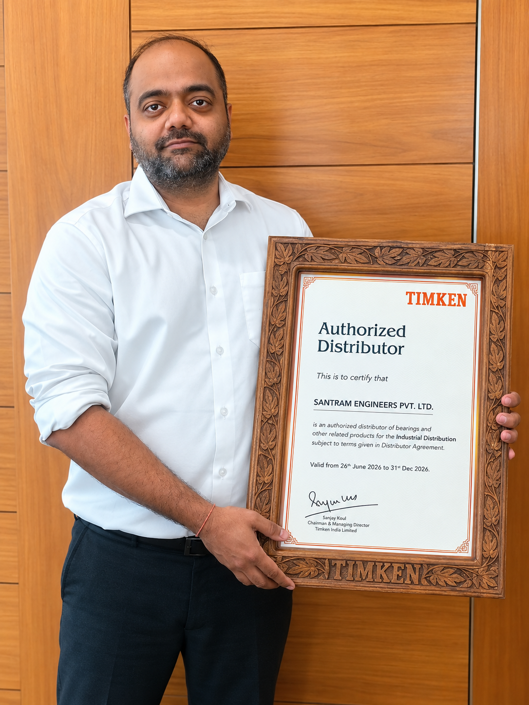 Shyam Vyas Director Santram Engineers holding Timken Authorized Distributor Certificate — authorised Timken bearing dealer Gujarat Rajasthan